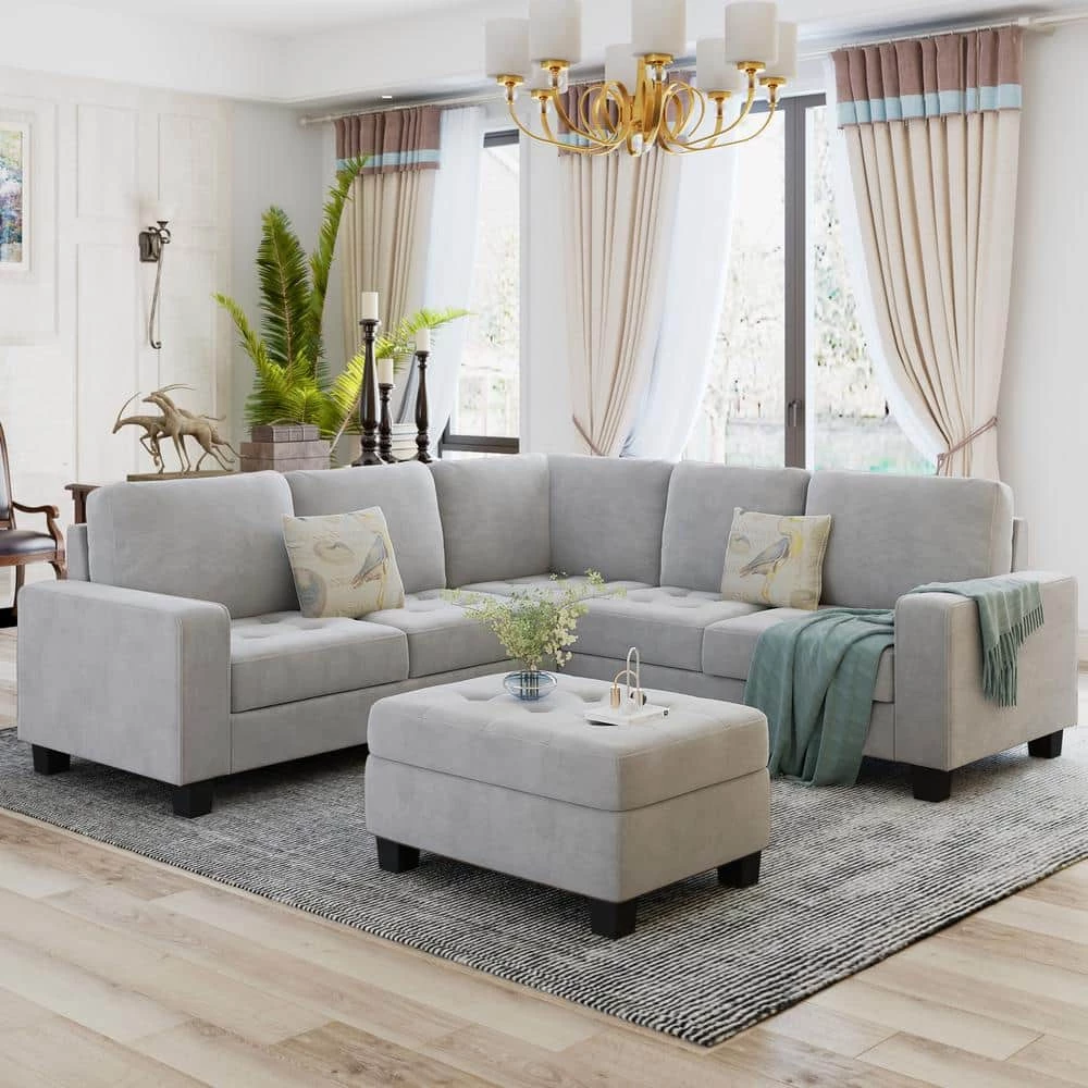 85in. W Beige Square Arm 2-Piece Velvet L-shape Sectional Corner Sofa with Storage Ottoman & Cup Holders in Black Family by Aoibox 2 85in. W Beige Square Arm 2-Piece Velvet L-shape Sectional Corner Sofa with Storage Ottoman & Cup Holders in Black Family by Aoibox - Image 2