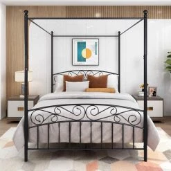 5 ft. W Metal Canopy Bed Frame with Ornate European Style Headboard & Footboard Sturdy Steel, Queen Black by Aoibox 17 5 ft. W Metal Canopy Bed Frame with Ornate European Style Headboard & Footboard Sturdy Steel, Queen Black by Aoibox -Homepop Sales black aoibox canopy beds snmx762 31 1000