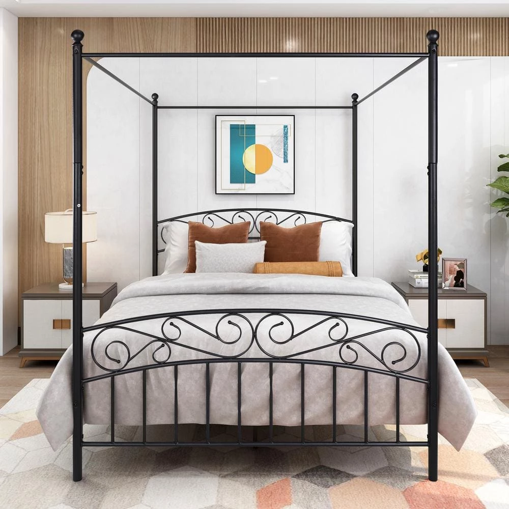 5 ft. W Metal Canopy Bed Frame with Ornate European Style Headboard & Footboard Sturdy Steel, Queen Black by Aoibox 9 5 ft. W Metal Canopy Bed Frame with Ornate European Style Headboard & Footboard Sturdy Steel, Queen Black by Aoibox - Image 9