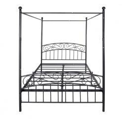 5 ft. W Metal Canopy Bed Frame with Ornate European Style Headboard & Footboard Sturdy Steel, Queen Black by Aoibox