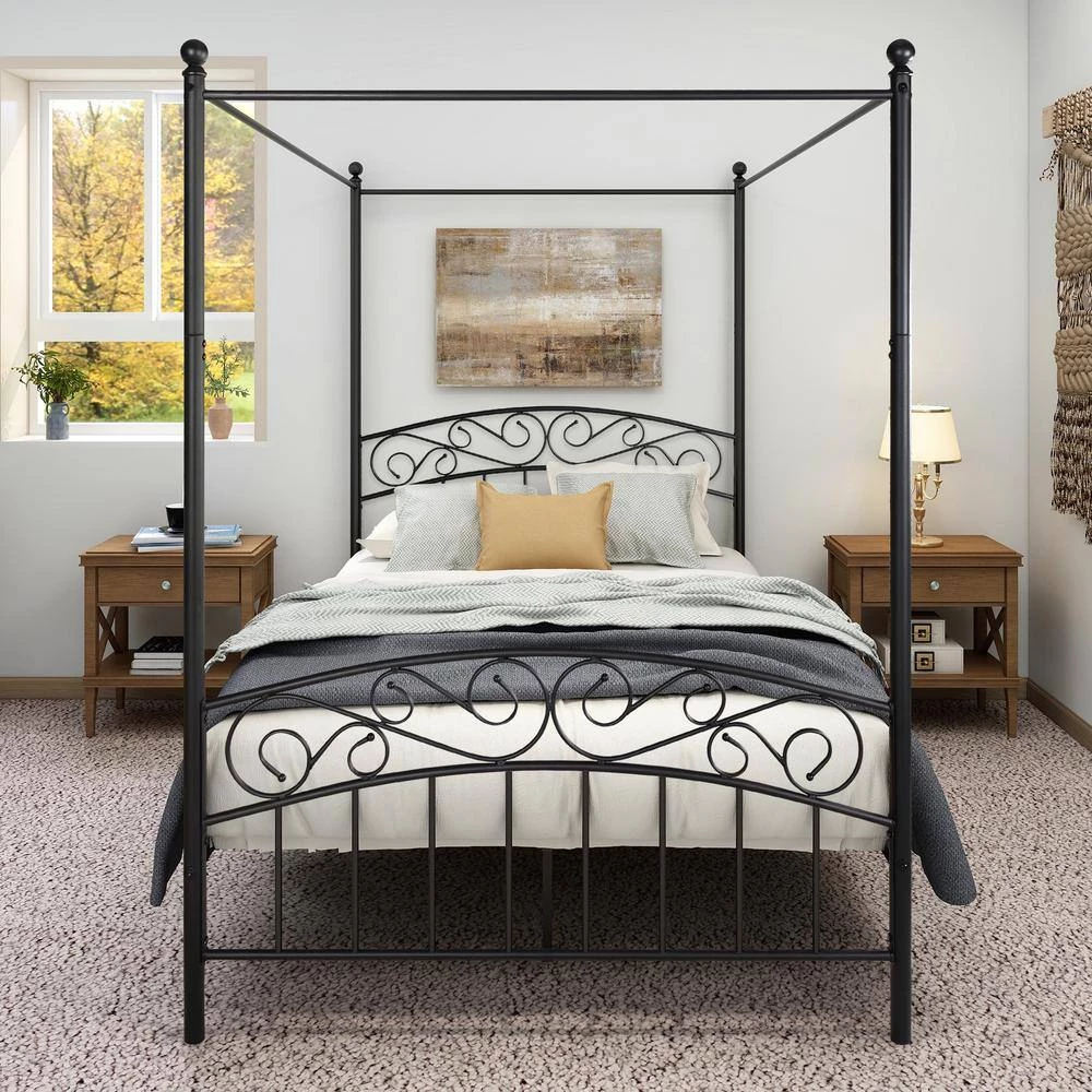 4.5 ft. W Black Metal Canopy Bed Frame with Ornate European Style Headboard & Footboard Sturdy Steel, Full Size by Aoibox 7 4.5 ft. W Black Metal Canopy Bed Frame with Ornate European Style Headboard & Footboard Sturdy Steel, Full Size by Aoibox - Image 7