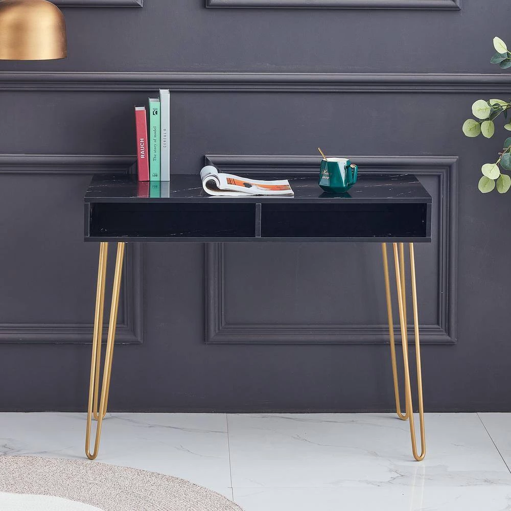39 in. W Black single Beauty Table consoles table side end table modern marble MDF top with sturdy glod metal legs by Aoibox 11 39 in. W Black single Beauty Table consoles table side end table modern marble MDF top with sturdy glod metal legs by Aoibox - Image 11