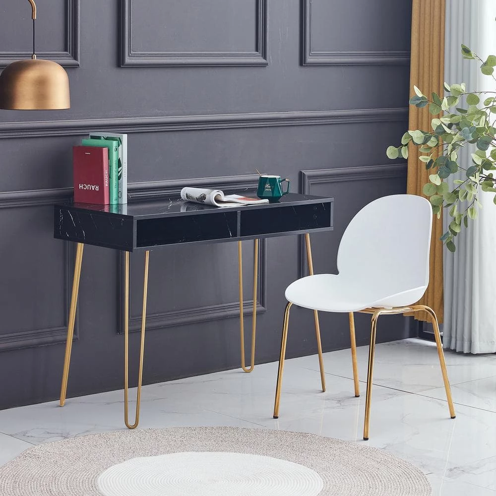39 in. W Black single Beauty Table consoles table side end table modern marble MDF top with sturdy glod metal legs by Aoibox 5 39 in. W Black single Beauty Table consoles table side end table modern marble MDF top with sturdy glod metal legs by Aoibox - Image 5