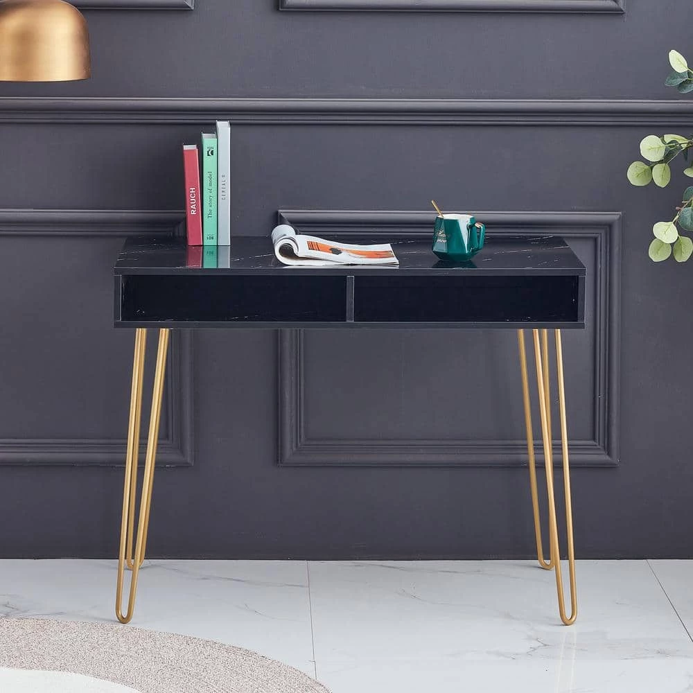39 in. W Black single Beauty Table consoles table side end table modern marble MDF top with sturdy glod metal legs by Aoibox 2 39 in. W Black single Beauty Table consoles table side end table modern marble MDF top with sturdy glod metal legs by Aoibox - Image 2