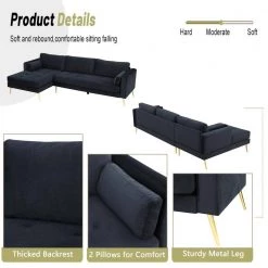 55"W Black Straight Arm 2-Piece Elegant Velvet L-Shape Upholstered Modern Sectional Sofa with Two Pillows in Gold Family by Aoibox 20 55"W Black Straight Arm 2-Piece Elegant Velvet L-Shape Upholstered Modern Sectional Sofa with Two Pillows in Gold Family by Aoibox -Homepop Sales black aoibox sectional sofas snmx358 1f 1000
