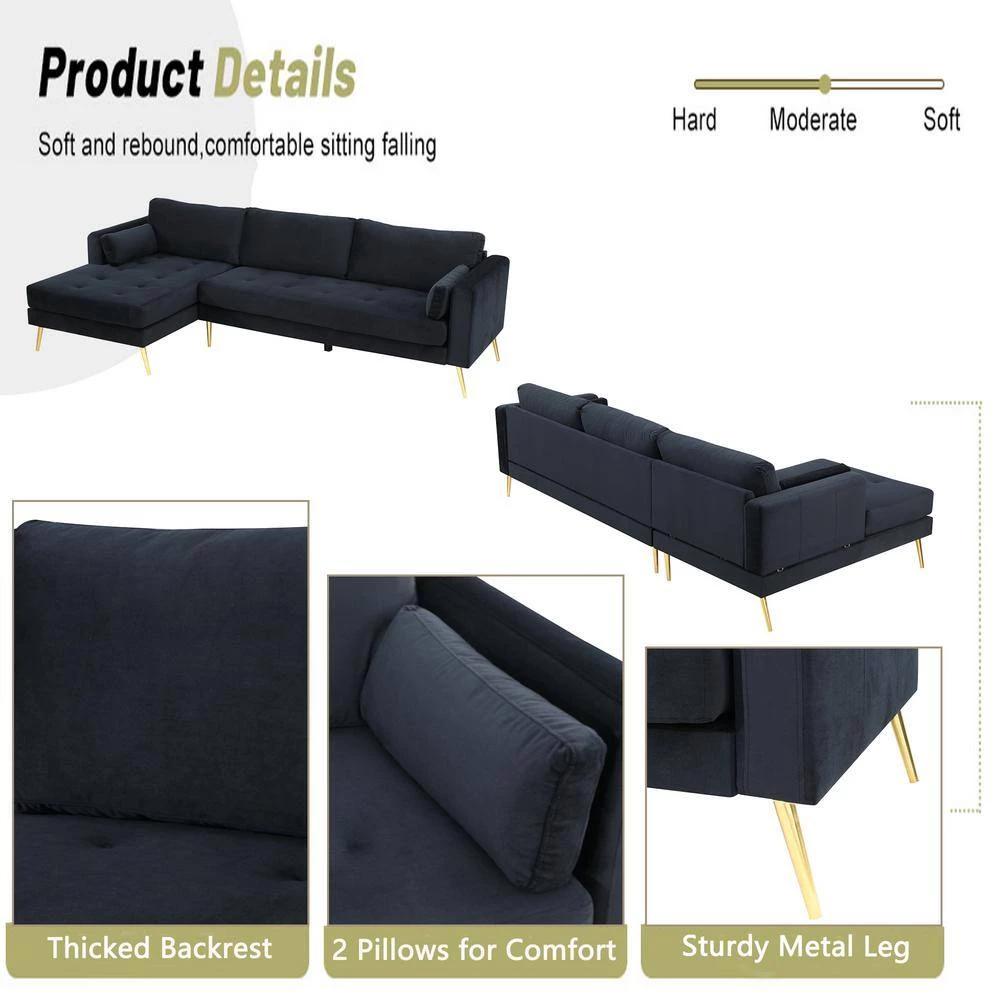 55"W Black Straight Arm 2-Piece Elegant Velvet L-Shape Upholstered Modern Sectional Sofa with Two Pillows in Gold Family by Aoibox 8 55"W Black Straight Arm 2-Piece Elegant Velvet L-Shape Upholstered Modern Sectional Sofa with Two Pillows in Gold Family by Aoibox - Image 8