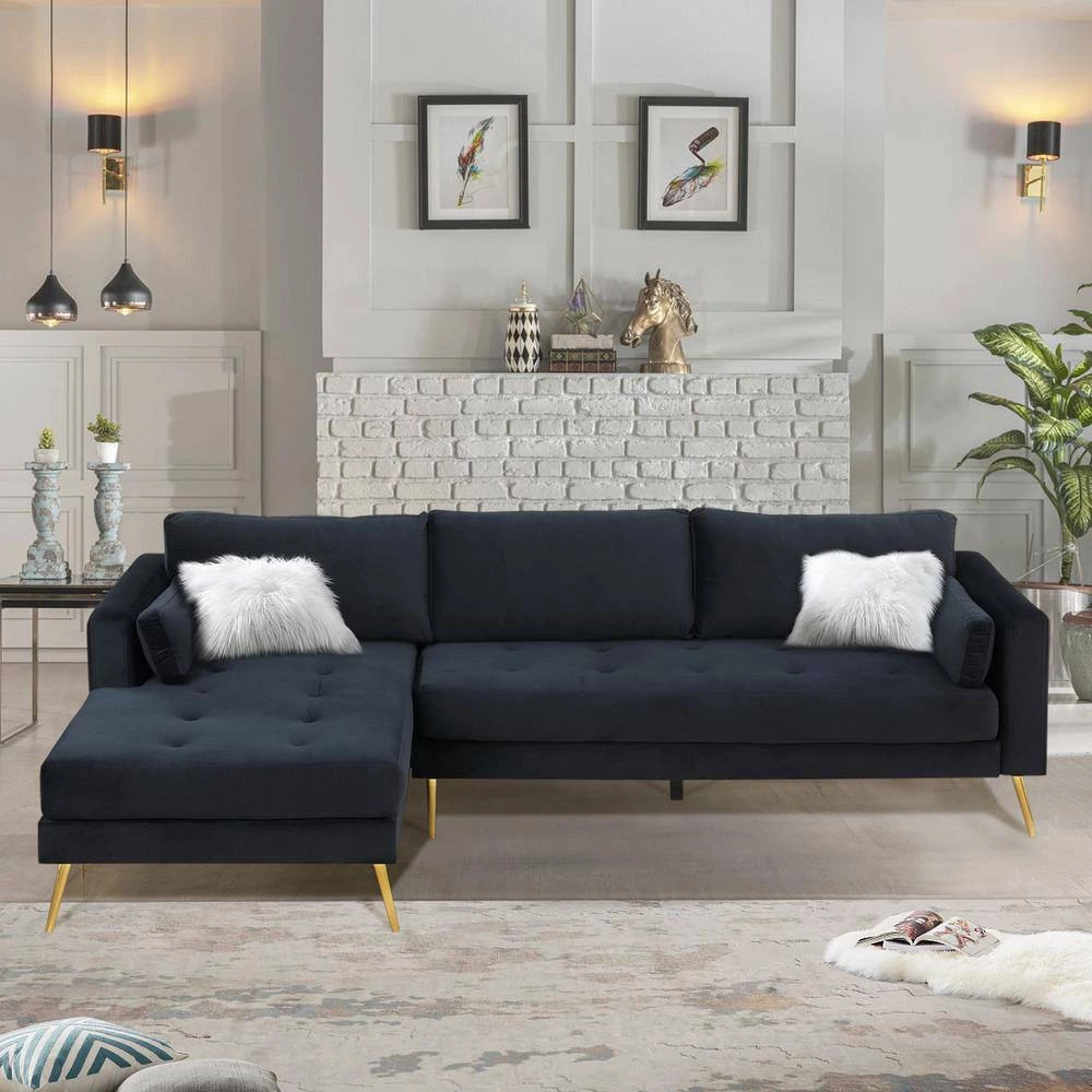 55"W Black Straight Arm 2-Piece Elegant Velvet L-Shape Upholstered Modern Sectional Sofa with Two Pillows in Gold Family by Aoibox 13 55"W Black Straight Arm 2-Piece Elegant Velvet L-Shape Upholstered Modern Sectional Sofa with Two Pillows in Gold Family by Aoibox - Image 13