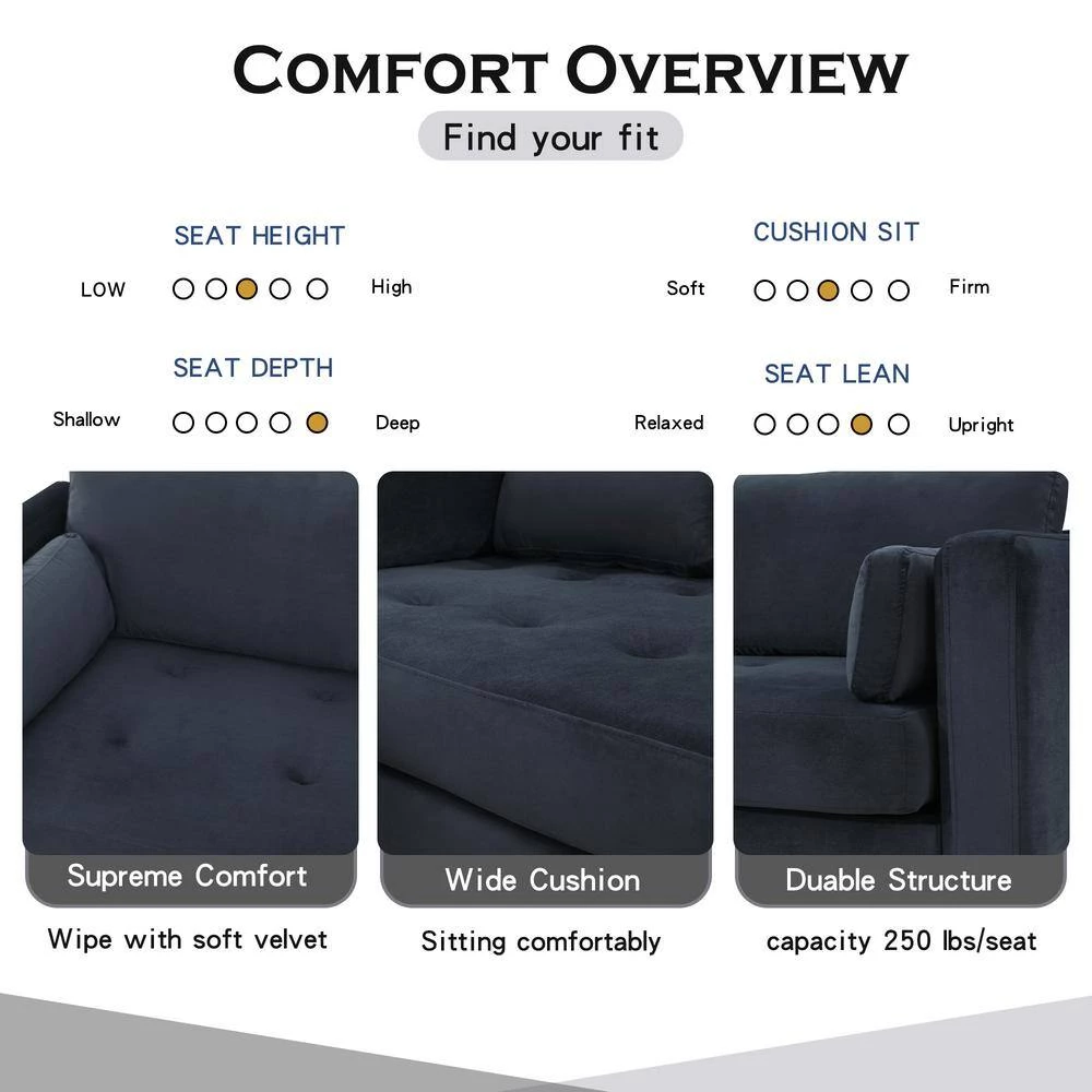 55"W Black Straight Arm 2-Piece Elegant Velvet L-Shape Upholstered Modern Sectional Sofa with Two Pillows in Gold Family by Aoibox 7 55"W Black Straight Arm 2-Piece Elegant Velvet L-Shape Upholstered Modern Sectional Sofa with Two Pillows in Gold Family by Aoibox - Image 7