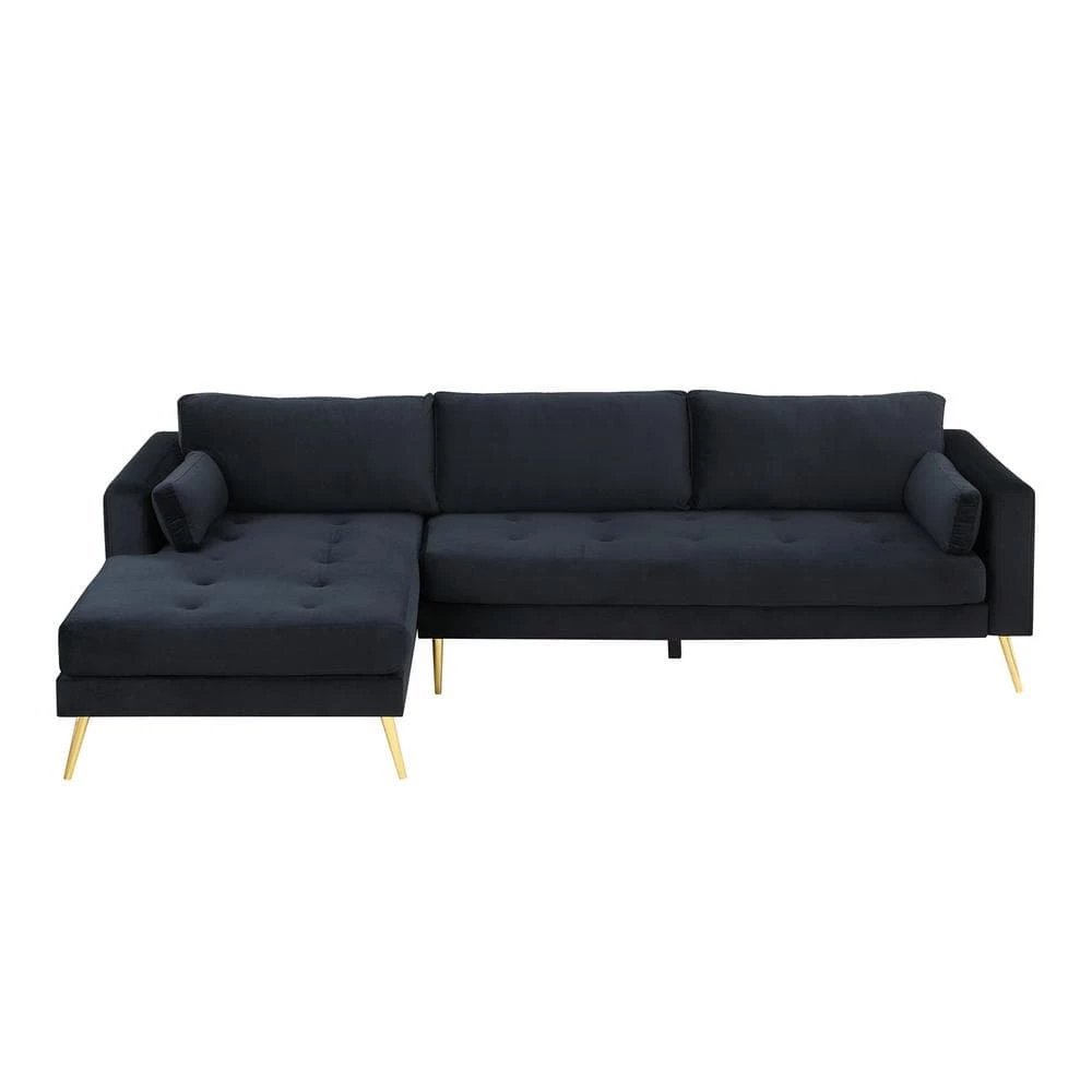 55"W Black Straight Arm 2-Piece Elegant Velvet L-Shape Upholstered Modern Sectional Sofa with Two Pillows in Gold Family by Aoibox 1 55"W Black Straight Arm 2-Piece Elegant Velvet L-Shape Upholstered Modern Sectional Sofa with Two Pillows in Gold Family by Aoibox