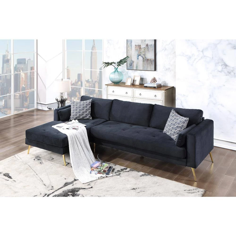 55"W Black Straight Arm 2-Piece Elegant Velvet L-Shape Upholstered Modern Sectional Sofa with Two Pillows in Gold Family by Aoibox 2 55"W Black Straight Arm 2-Piece Elegant Velvet L-Shape Upholstered Modern Sectional Sofa with Two Pillows in Gold Family by Aoibox - Image 2