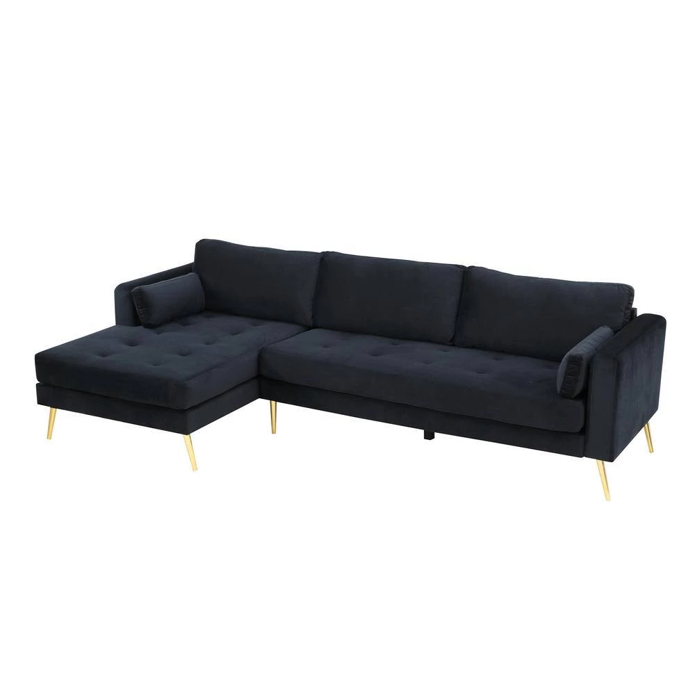 55"W Black Straight Arm 2-Piece Elegant Velvet L-Shape Upholstered Modern Sectional Sofa with Two Pillows in Gold Family by Aoibox 10 55"W Black Straight Arm 2-Piece Elegant Velvet L-Shape Upholstered Modern Sectional Sofa with Two Pillows in Gold Family by Aoibox - Image 10