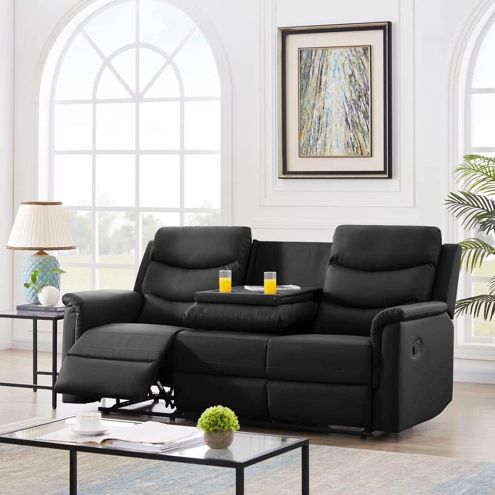 77.5 in. W Round Arm Faux Leather 3-Seater Straight Motion Sofa in Black by Aoibox 1 77.5 in. W Round Arm Faux Leather 3-Seater Straight Motion Sofa in Black by Aoibox