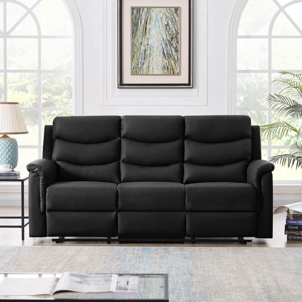 77.5 in. W Round Arm Faux Leather 3-Seater Straight Motion Sofa in Black by Aoibox 2 77.5 in. W Round Arm Faux Leather 3-Seater Straight Motion Sofa in Black by Aoibox - Image 2
