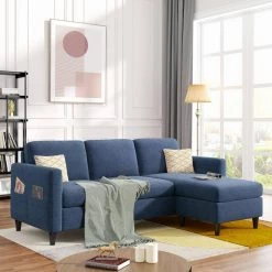 82.6 in. W Blue Arm 2-Piece Linen L-shape Reversible Sectional Sofa with Handy Side Pocket in Black Family by Aoibox -Homepop Sales blue aoibox sectional sofas snmx356 4f 1000