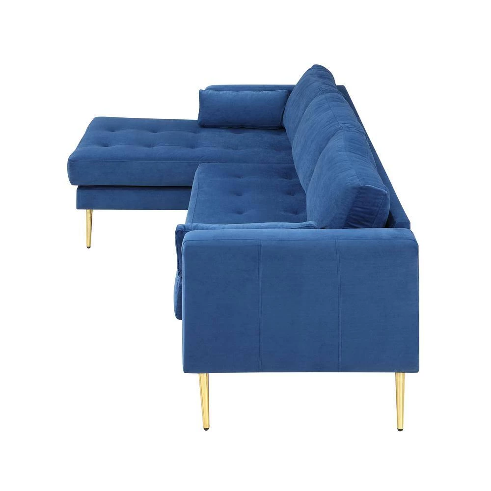 55"W Blue Straight Arm 2-Piece Elegant Velvet L-Shape Upholstered Modern Sectional Sofa with Two Pillows in Gold Family by Aoibox 3 55"W Blue Straight Arm 2-Piece Elegant Velvet L-Shape Upholstered Modern Sectional Sofa with Two Pillows in Gold Family by Aoibox - Image 3