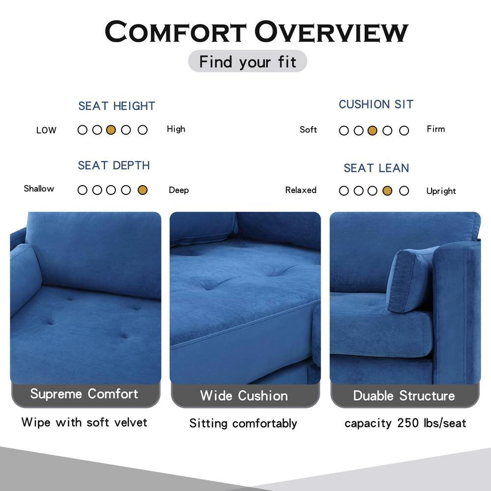 55"W Blue Straight Arm 2-Piece Elegant Velvet L-Shape Upholstered Modern Sectional Sofa with Two Pillows in Gold Family by Aoibox 8 55"W Blue Straight Arm 2-Piece Elegant Velvet L-Shape Upholstered Modern Sectional Sofa with Two Pillows in Gold Family by Aoibox - Image 8