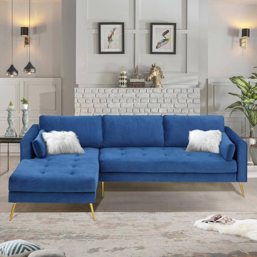 55"W Blue Straight Arm 2-Piece Elegant Velvet L-Shape Upholstered Modern Sectional Sofa with Two Pillows in Gold Family by Aoibox 13 55"W Blue Straight Arm 2-Piece Elegant Velvet L-Shape Upholstered Modern Sectional Sofa with Two Pillows in Gold Family by Aoibox - Image 13