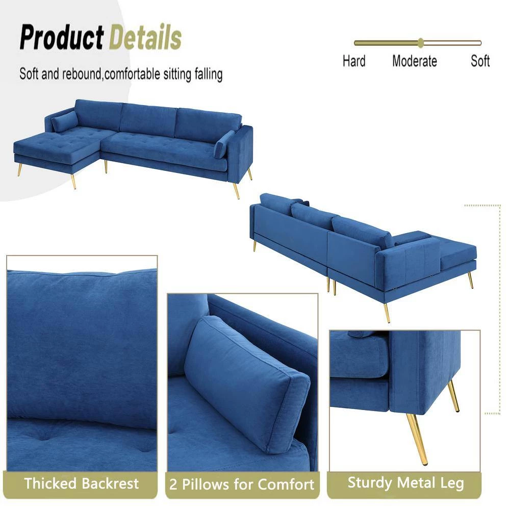 55"W Blue Straight Arm 2-Piece Elegant Velvet L-Shape Upholstered Modern Sectional Sofa with Two Pillows in Gold Family by Aoibox 7 55"W Blue Straight Arm 2-Piece Elegant Velvet L-Shape Upholstered Modern Sectional Sofa with Two Pillows in Gold Family by Aoibox - Image 7
