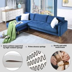 55"W Blue Straight Arm 2-Piece Elegant Velvet L-Shape Upholstered Modern Sectional Sofa with Two Pillows in Gold Family by Aoibox 18 55"W Blue Straight Arm 2-Piece Elegant Velvet L-Shape Upholstered Modern Sectional Sofa with Two Pillows in Gold Family by Aoibox -Homepop Sales blue aoibox sectional sofas snmx359 c3 1000