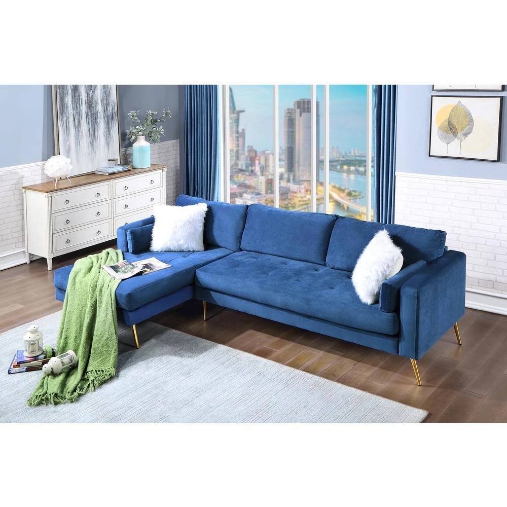 55"W Blue Straight Arm 2-Piece Elegant Velvet L-Shape Upholstered Modern Sectional Sofa with Two Pillows in Gold Family by Aoibox 2 55"W Blue Straight Arm 2-Piece Elegant Velvet L-Shape Upholstered Modern Sectional Sofa with Two Pillows in Gold Family by Aoibox - Image 2