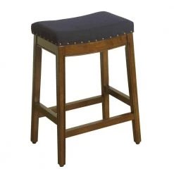 Blake 26 in. Blue Linen Blend with Nailheads Backless Wood Counter Height Barstool by Homepop