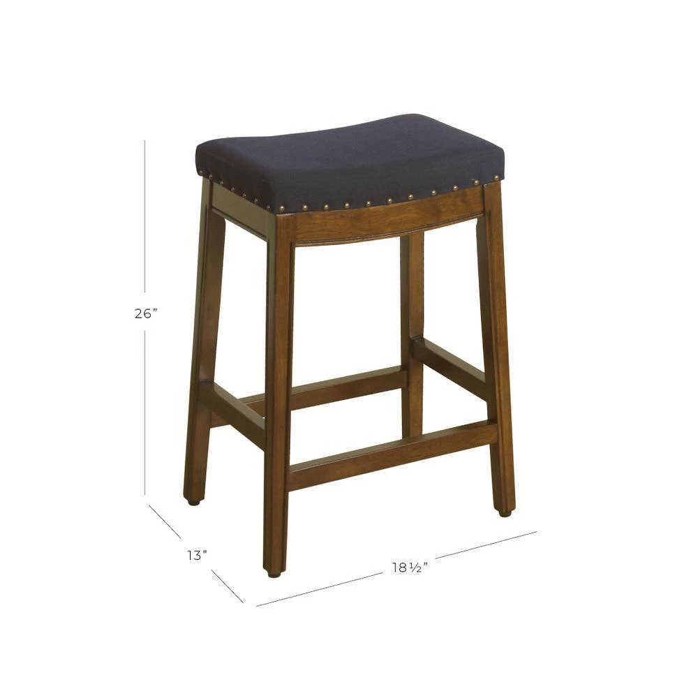 Blake 26 in. Blue Linen Blend with Nailheads Backless Wood Counter Height Barstool by Homepop 2 Blake 26 in. Blue Linen Blend with Nailheads Backless Wood Counter Height Barstool by Homepop - Image 2