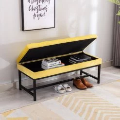 18.11 in. H x 44.09 in. W x 17.52 in. L Bright Yellow Velvet Metal Frame Bench with Storage and Cushioned Seat by Aoibox 11 18.11 in. H x 44.09 in. W x 17.52 in. L Bright Yellow Velvet Metal Frame Bench with Storage and Cushioned Seat by Aoibox -Homepop Sales bright yellow aoibox bedroom benches snmx480 31 1000
