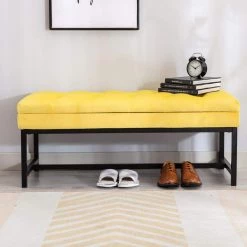 18.11 in. H x 44.09 in. W x 17.52 in. L Bright Yellow Velvet Metal Frame Bench with Storage and Cushioned Seat by Aoibox