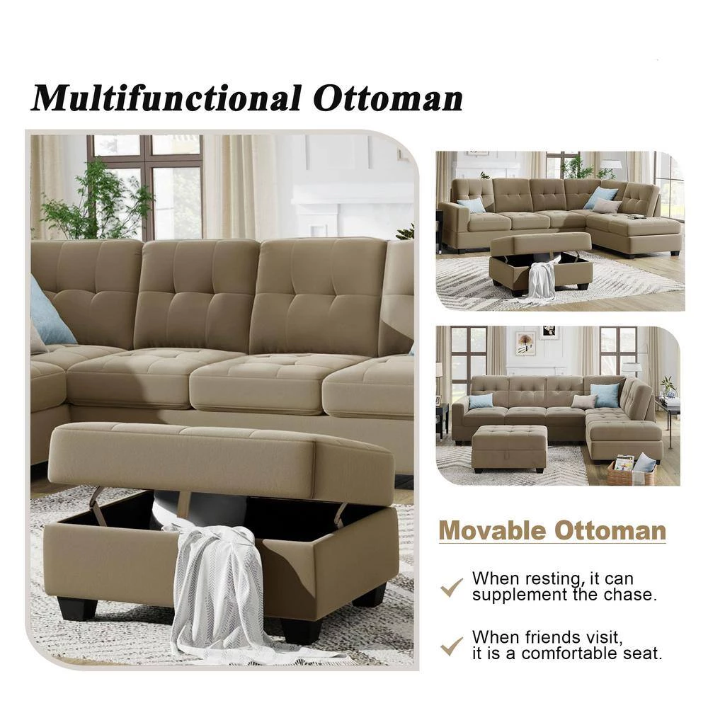 104 in. W Brown Square Arm 2-Piece Velvet L-shape Space Saving Sectional Sofa with Storage Ottoman in Black Family by Aoibox 7 104 in. W Brown Square Arm 2-Piece Velvet L-shape Space Saving Sectional Sofa with Storage Ottoman in Black Family by Aoibox - Image 7