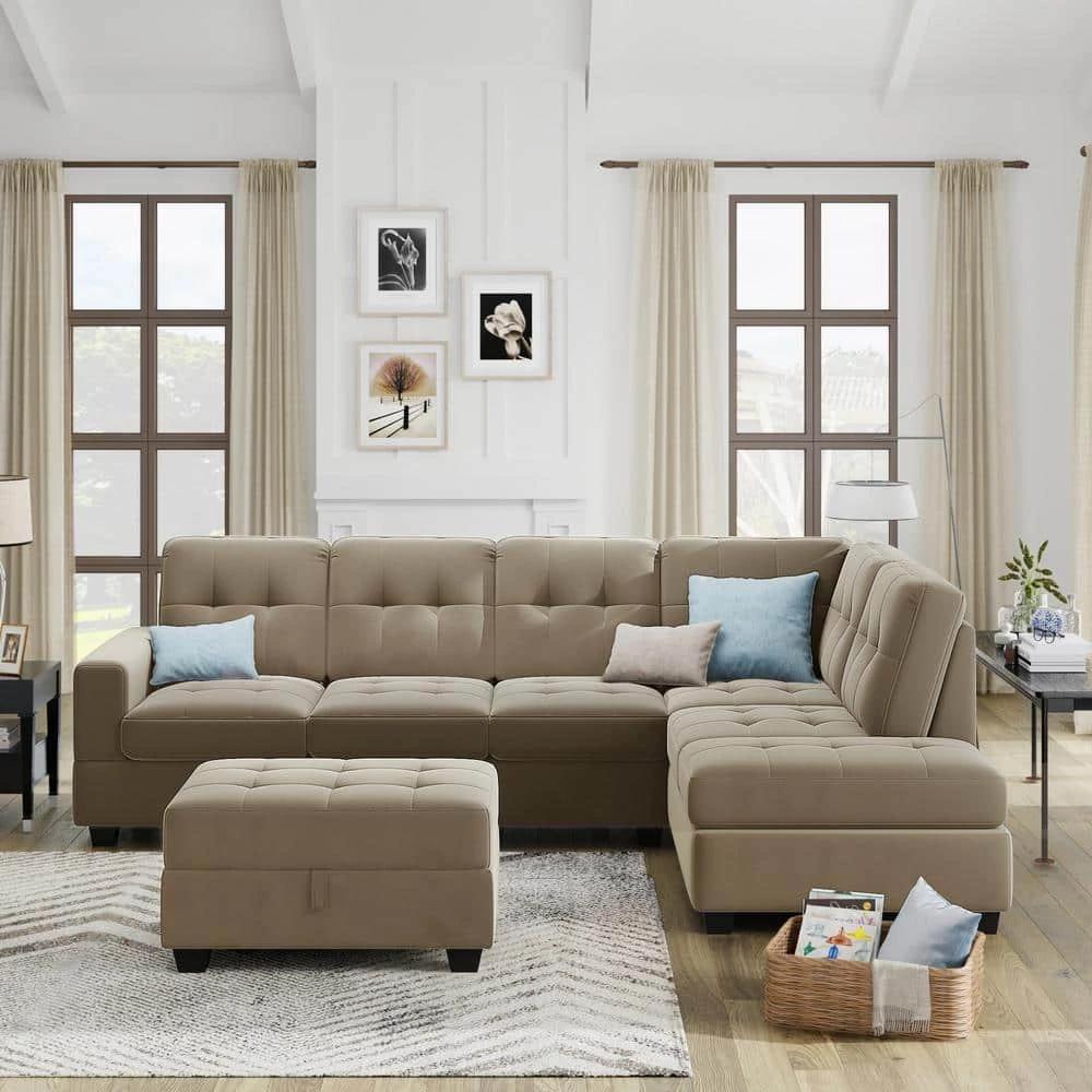 104 in. W Brown Square Arm 2-Piece Velvet L-shape Space Saving Sectional Sofa with Storage Ottoman in Black Family by Aoibox 5 104 in. W Brown Square Arm 2-Piece Velvet L-shape Space Saving Sectional Sofa with Storage Ottoman in Black Family by Aoibox - Image 5