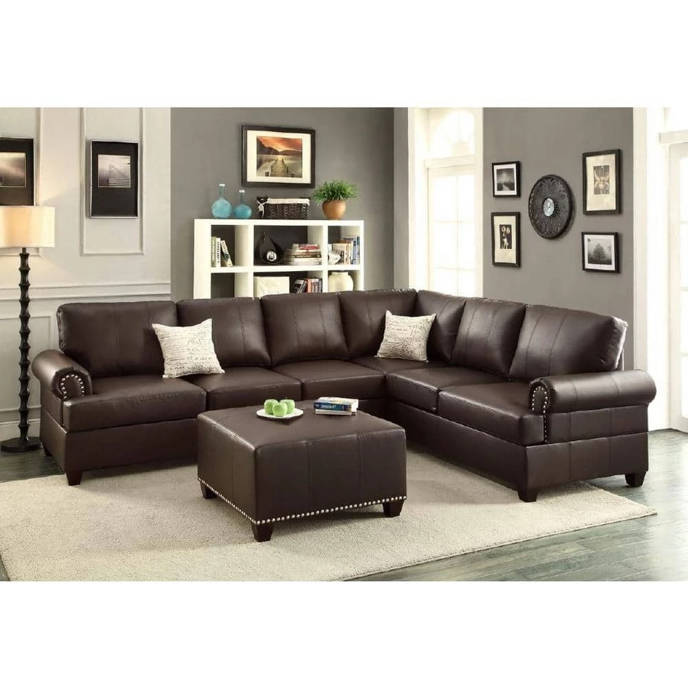 114 in. W Brown Rolled Arm 2-Piece Faux Leather L-shape Reversible Sectional Sofa with Nailhead in Brown Family by Aoibox 9 114 in. W Brown Rolled Arm 2-Piece Faux Leather L-shape Reversible Sectional Sofa with Nailhead in Brown Family by Aoibox - Image 9