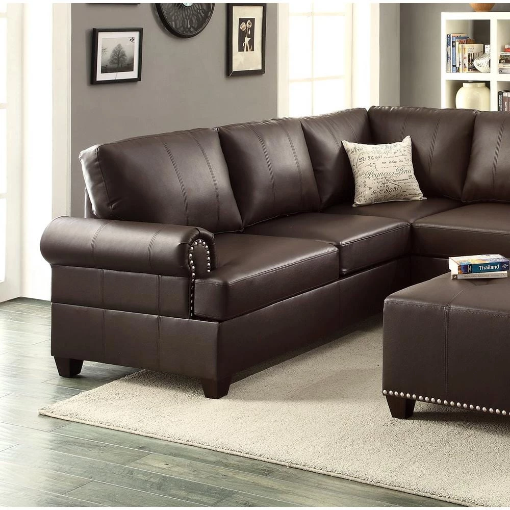 114 in. W Brown Rolled Arm 2-Piece Faux Leather L-shape Reversible Sectional Sofa with Nailhead in Brown Family by Aoibox 4 114 in. W Brown Rolled Arm 2-Piece Faux Leather L-shape Reversible Sectional Sofa with Nailhead in Brown Family by Aoibox - Image 4