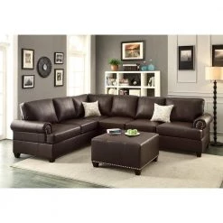 114 in. W Brown Rolled Arm 2-Piece Faux Leather L-shape Reversible Sectional Sofa with Nailhead in Brown Family by Aoibox