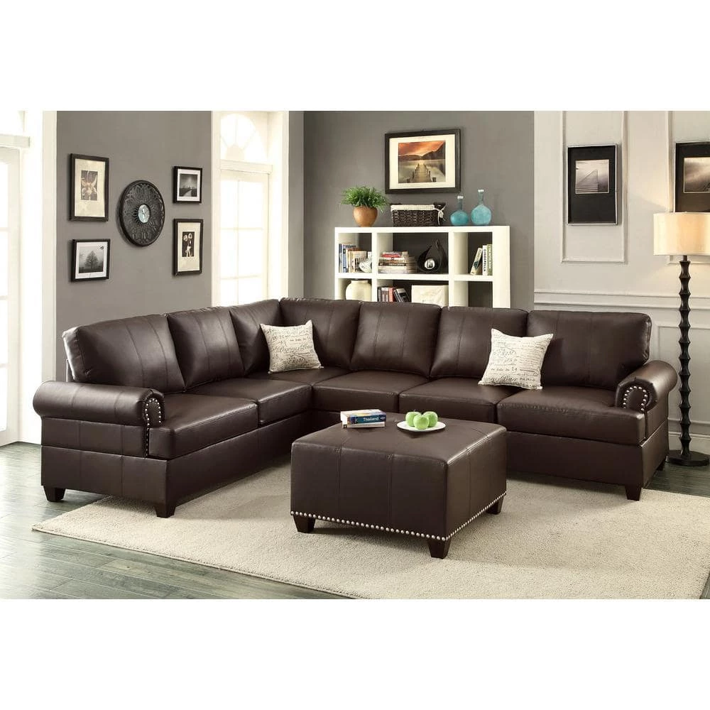 114 in. W Brown Rolled Arm 2-Piece Faux Leather L-shape Reversible Sectional Sofa with Nailhead in Brown Family by Aoibox 1 114 in. W Brown Rolled Arm 2-Piece Faux Leather L-shape Reversible Sectional Sofa with Nailhead in Brown Family by Aoibox