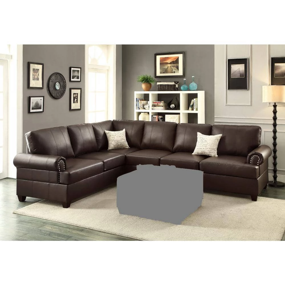 114 in. W Brown Rolled Arm 2-Piece Faux Leather L-shape Reversible Sectional Sofa with Nailhead in Brown Family by Aoibox 3 114 in. W Brown Rolled Arm 2-Piece Faux Leather L-shape Reversible Sectional Sofa with Nailhead in Brown Family by Aoibox - Image 3