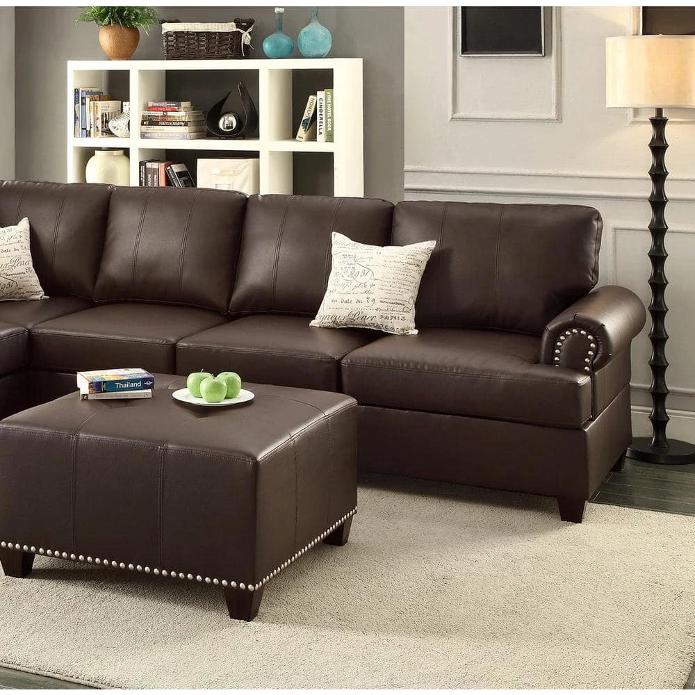 114 in. W Brown Rolled Arm 2-Piece Faux Leather L-shape Reversible Sectional Sofa with Nailhead in Brown Family by Aoibox 2 114 in. W Brown Rolled Arm 2-Piece Faux Leather L-shape Reversible Sectional Sofa with Nailhead in Brown Family by Aoibox - Image 2