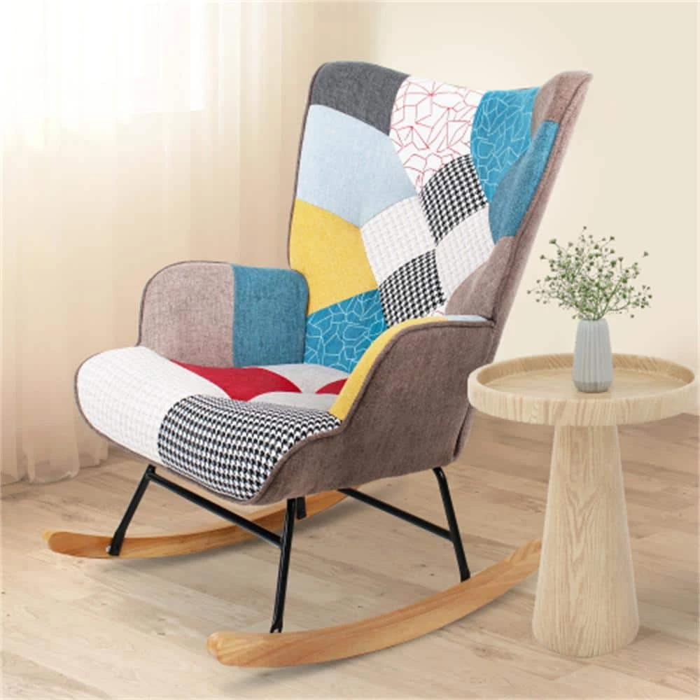 Colorful Wooden Rocking Chair, Mid Century Fabric Rocker Chair with Wood Legs, Patchwork Linen and Cushion by Aoibox 9 Colorful Wooden Rocking Chair, Mid Century Fabric Rocker Chair with Wood Legs, Patchwork Linen and Cushion by Aoibox - Image 9