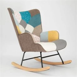 Colorful Wooden Rocking Chair, Mid Century Fabric Rocker Chair with Wood Legs, Patchwork Linen and Cushion by Aoibox 12 Colorful Wooden Rocking Chair, Mid Century Fabric Rocker Chair with Wood Legs, Patchwork Linen and Cushion by Aoibox -Homepop Sales colorful aoibox rockers gliders ottomans hdmx981 4f 1000