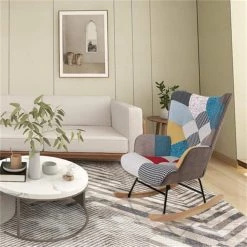 Colorful Wooden Rocking Chair, Mid Century Fabric Rocker Chair with Wood Legs, Patchwork Linen and Cushion by Aoibox