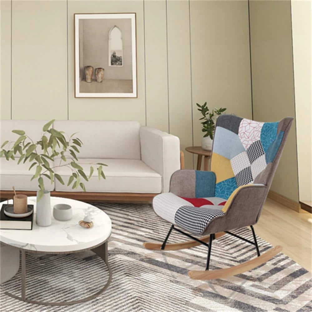 Colorful Wooden Rocking Chair, Mid Century Fabric Rocker Chair with Wood Legs, Patchwork Linen and Cushion by Aoibox 1 Colorful Wooden Rocking Chair, Mid Century Fabric Rocker Chair with Wood Legs, Patchwork Linen and Cushion by Aoibox