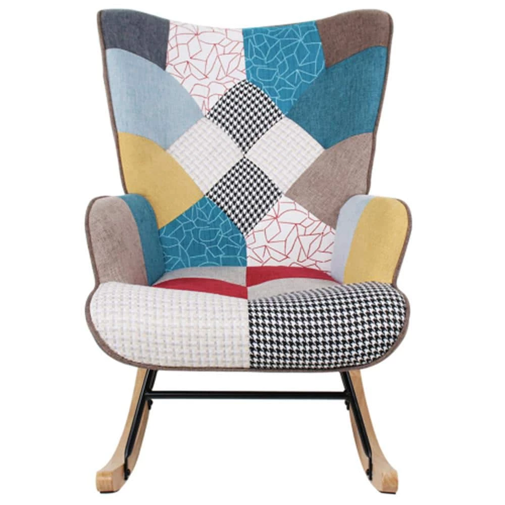Colorful Wooden Rocking Chair, Mid Century Fabric Rocker Chair with Wood Legs, Patchwork Linen and Cushion by Aoibox 2 Colorful Wooden Rocking Chair, Mid Century Fabric Rocker Chair with Wood Legs, Patchwork Linen and Cushion by Aoibox - Image 2