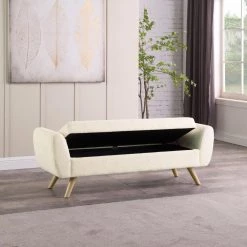 Cream Sherpa Storage Bench with Wood Legs 21 in. Height x 60 in. Width x 18 in. Depth by Homepop 12 Cream Sherpa Storage Bench with Wood Legs 21 in. Height x 60 in. Width x 18 in. Depth by Homepop -Homepop Sales cream sherpa homepop bedroom benches k8566 b306 77 1000