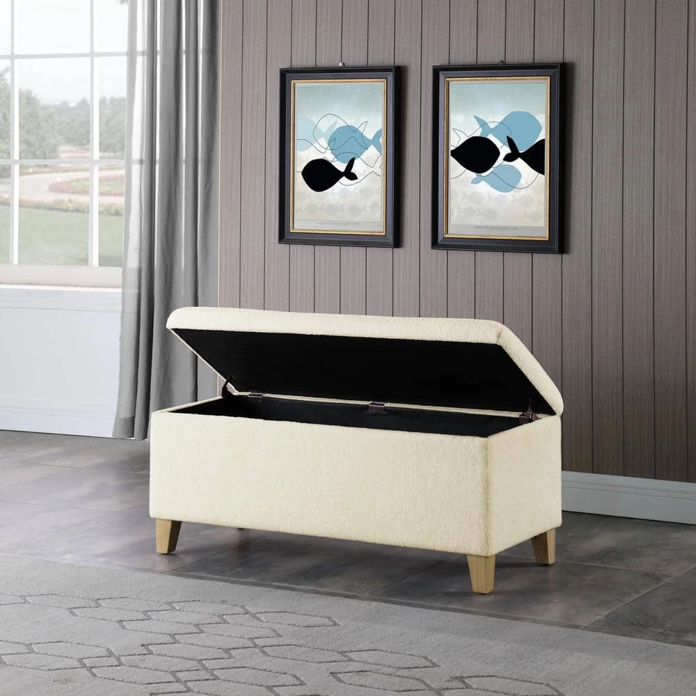 Cream Sherpa Storage Bench with Wood Legs 18 in. Height x 42 in. Width x 18 in. Depth by Homepop 4 Cream Sherpa Storage Bench with Wood Legs 18 in. Height x 42 in. Width x 18 in. Depth by Homepop - Image 4