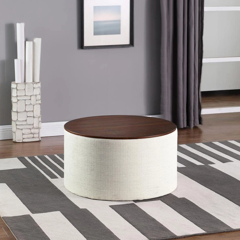 Stain-Resistant Cream Woven with Wood Top Storage Ottoman by Homepop 5 Stain-Resistant Cream Woven with Wood Top Storage Ottoman by Homepop - Image 5