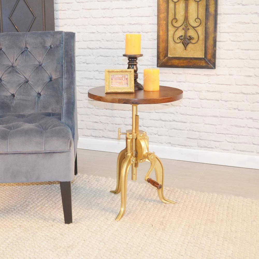 Regan 18 in. Elm and Gold Adjustable Round End Table by Carolina Cottage 4 Regan 18 in. Elm and Gold Adjustable Round End Table by Carolina Cottage - Image 4