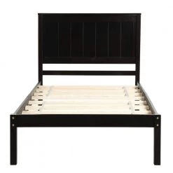 76 in. W Espresso Twin Platform Bed Frame with Headboard, Wood Slat Support, No Box Spring Needed by Aoibox