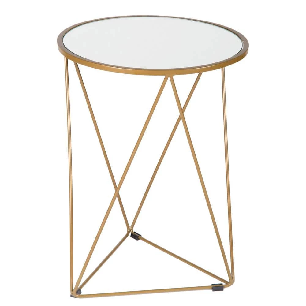 24 in. Metal Accent Triangle Gold Base Round Mirror Top Accent Table by Homepop 2 24 in. Metal Accent Triangle Gold Base Round Mirror Top Accent Table by Homepop - Image 2