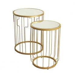 23.5 in. and 21.5 in. Gold Metal Base with Glass Top Accent Tables (Set of 2) by Homepop