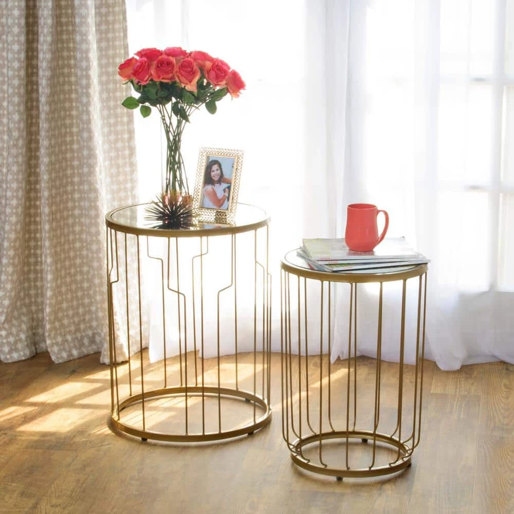 23.5 in. and 21.5 in. Gold Metal Base with Glass Top Accent Tables (Set of 2) by Homepop 2 23.5 in. and 21.5 in. Gold Metal Base with Glass Top Accent Tables (Set of 2) by Homepop - Image 2