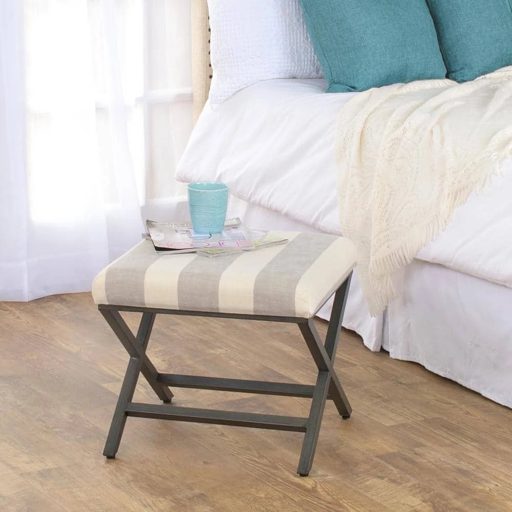 18 in. H x 20 in. W x 20 in. D Gray and Cream Awning Stripe Ottoman with Metal X-Base by Homepop 8 18 in. H x 20 in. W x 20 in. D Gray and Cream Awning Stripe Ottoman with Metal X-Base by Homepop - Image 8